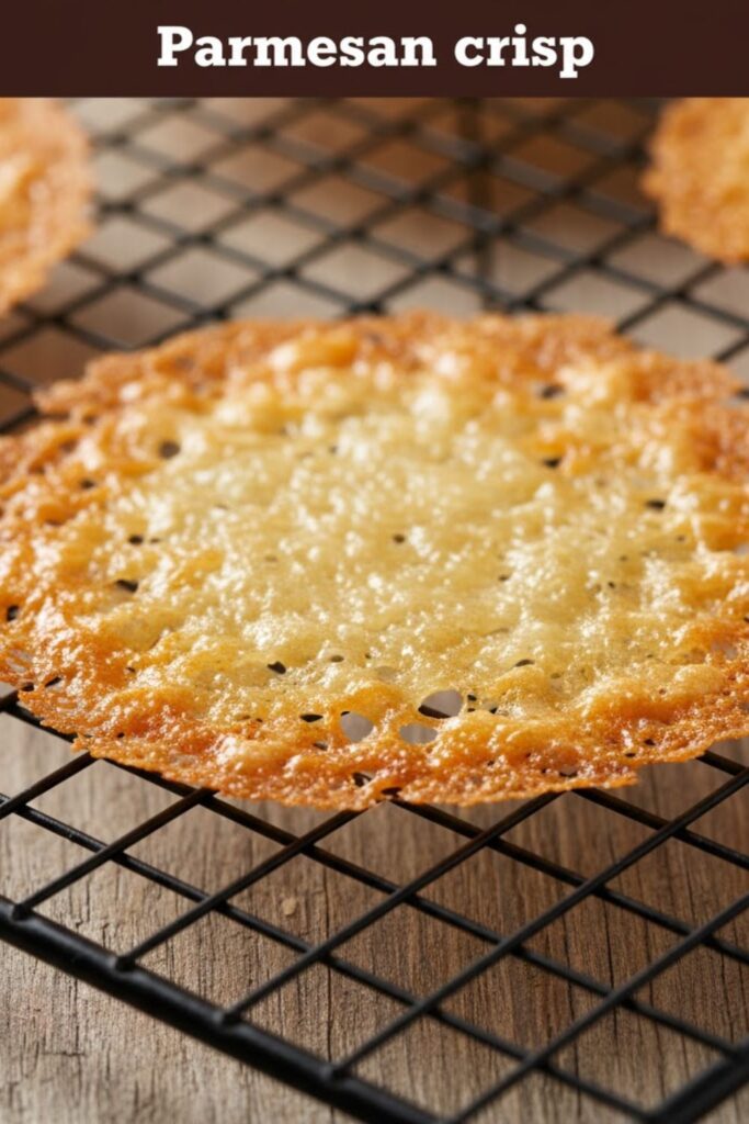 Close-up of a golden, thin, round Parmesan crisp on a cooling rack. Text overlay reads: Parmesan crisp.