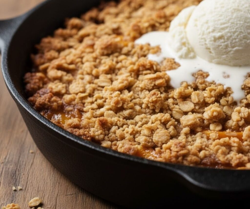 Close-up of the crust and bubbling fruit filling of a baked peach crumble in a cast iron skillet.