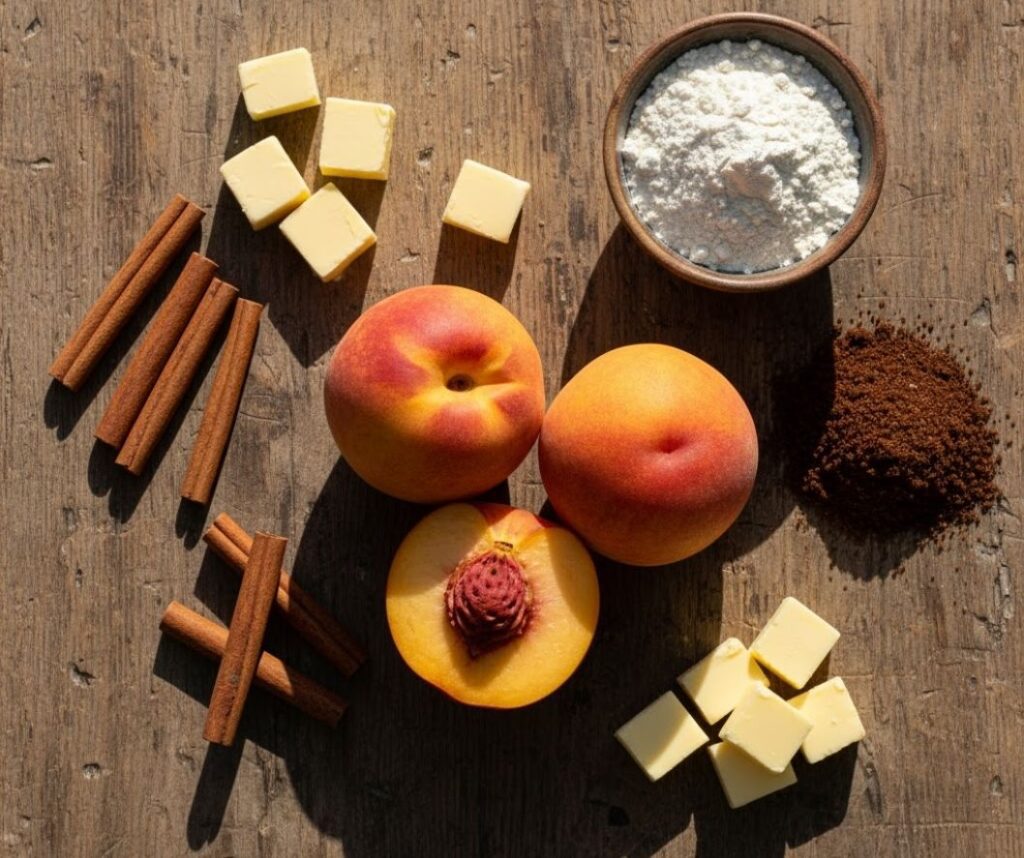 Flat lay collage of fresh peaches, brown sugar, cinnamon, and cold butter for the crumble recipe