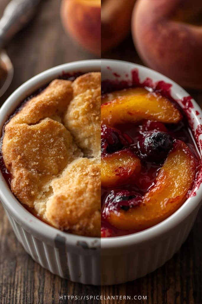 Two separate, appetizing variations of the cooked mini cobblers: one with mixed berries and the other with sliced peaches. One image is a close-up of the bubbly berry cobbler.