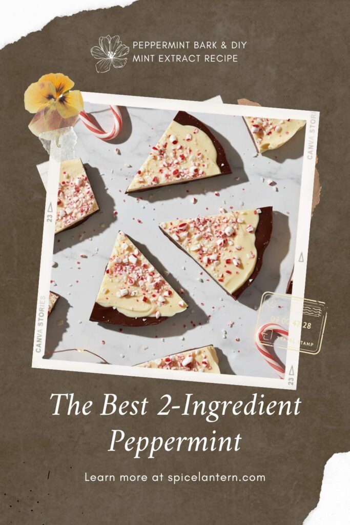 A viral, indulgent, and highly clickable image of thick Peppermint bark pieces with crushed candy canes on a white surface, showing the two layers of chocolate, with the text overlay "PEPPERMINT" in a bold, festive red font.