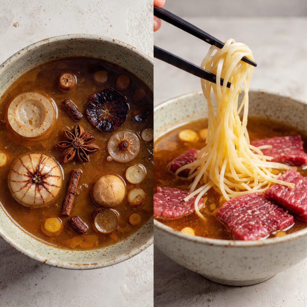 Two views of Pho-Noodle Soup: aromatics charring in the broth and a close-up of noodles being lifted from a finished bowl.