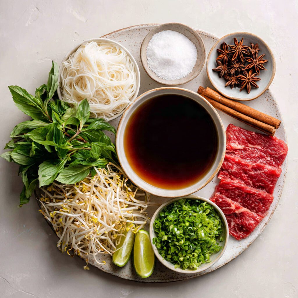 Flat lay collage of Pho-Noodle Soup raw ingredients: broth, noodles, spices, beef slices, and fresh herbs.