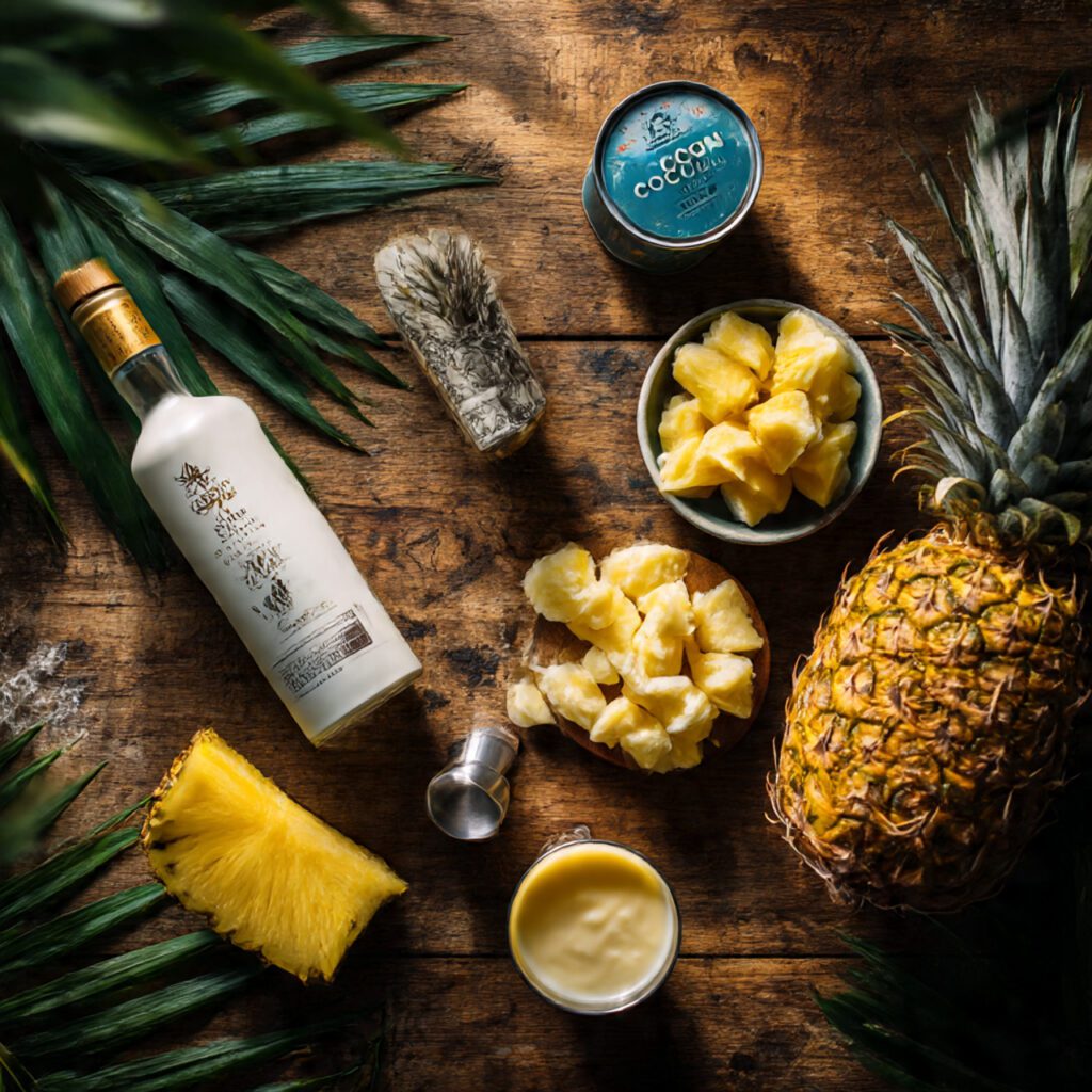 A high-quality collage image showing all the simple ingredients: white rum, cream of coconut, frozen pineapple chunks, and a fresh pineapple wedge, artistically arranged on a tropical background.