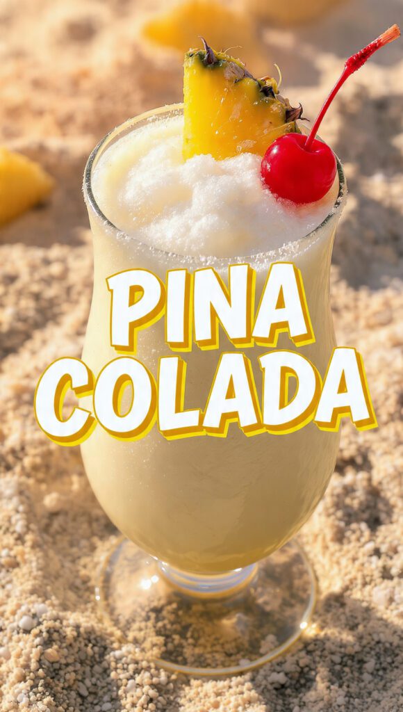 A close-up, vibrant overhead photo of a frosty Pina Colada in a hurricane glass with a pineapple wedge and cherry garnish, featuring the bold text overlay: PINA COLADA.