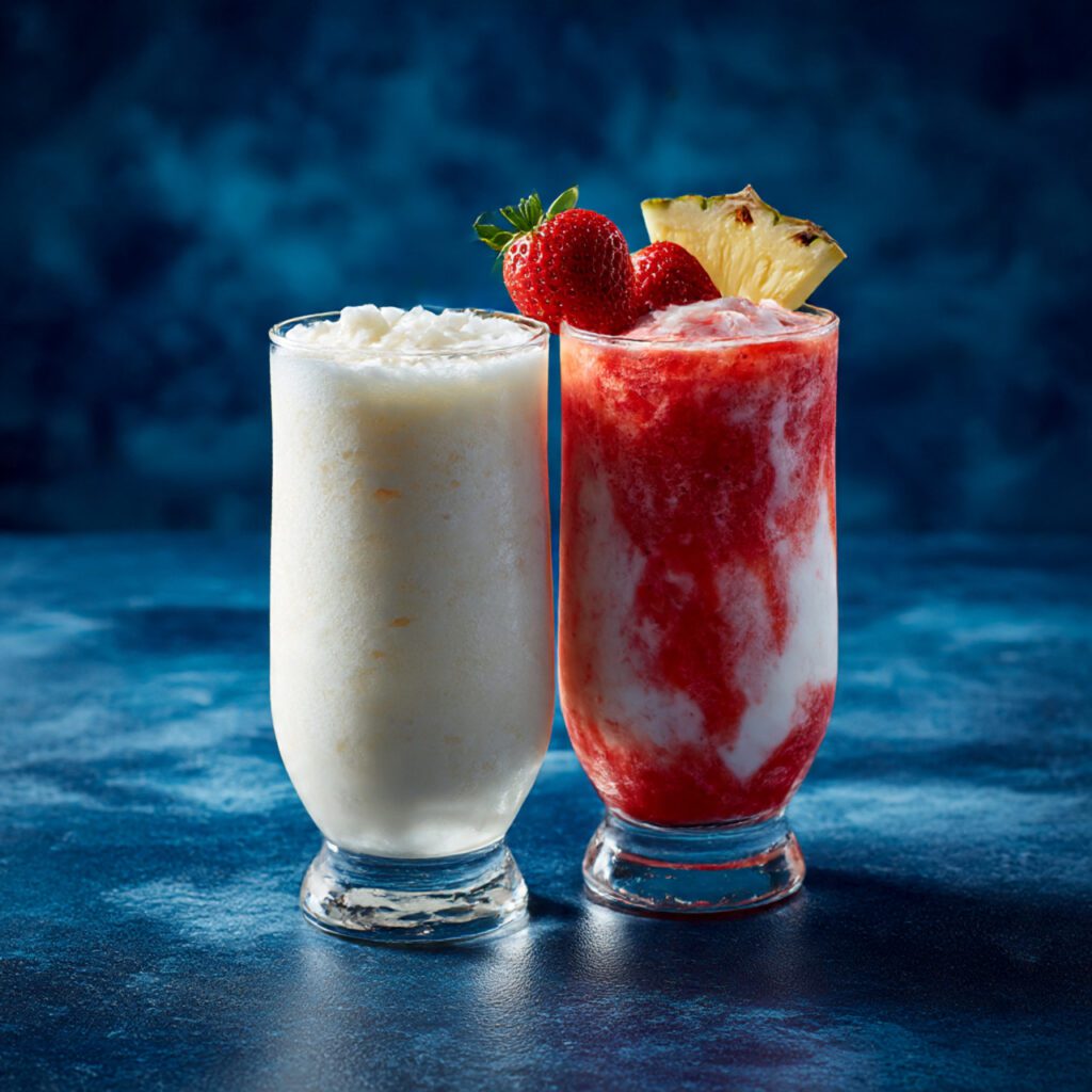 A side-by-side photograph showing two different coladas: one classic creamy pina colada and one vibrant red strawberry lava flow pina colada, highlighting the customization.