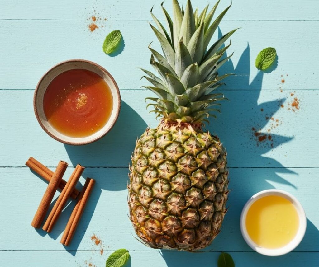 Flat lay collage of fresh pineapple, honey, cinnamon, and butter for the grilling glaze.