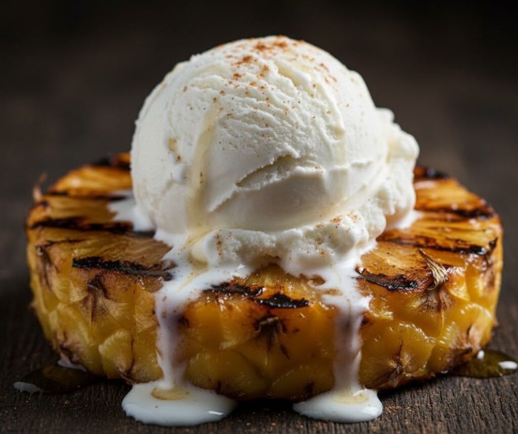 Close-up of a warm grilled pineapple slice topped with a melting scoop of vanilla ice cream.