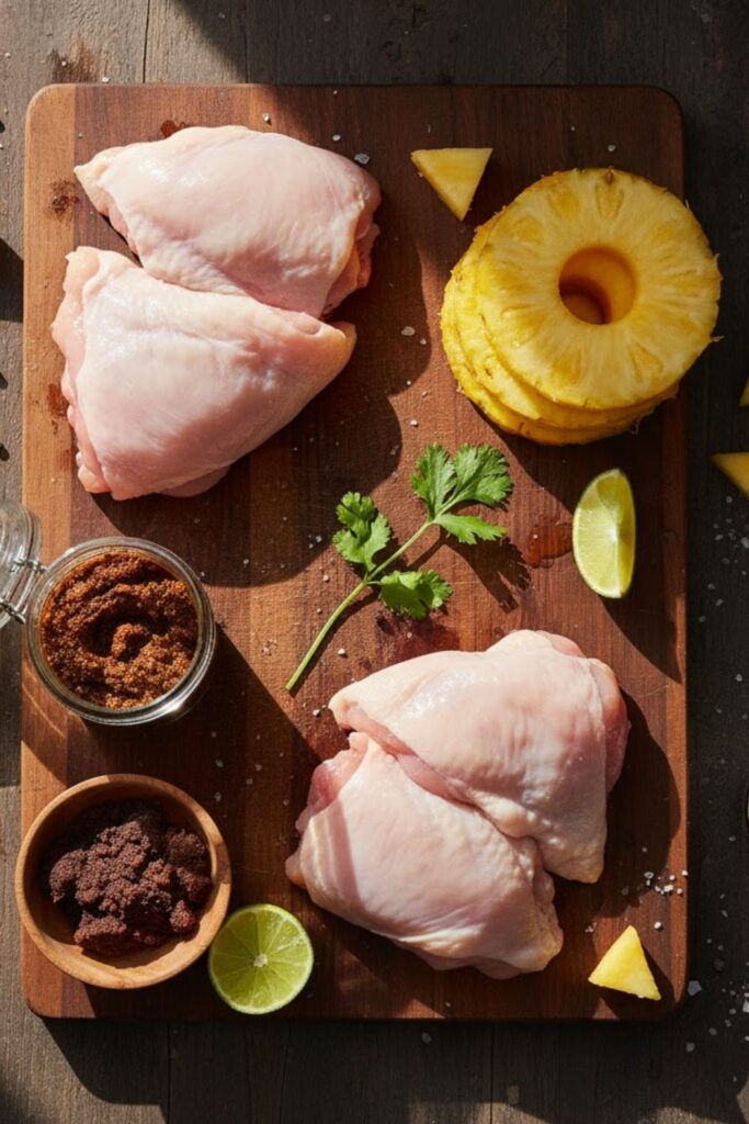 Ingredient collage for Pineapple Jerk Chicken showing chicken, jerk paste, fresh pineapple, lime, brown sugar, and soy sauce.