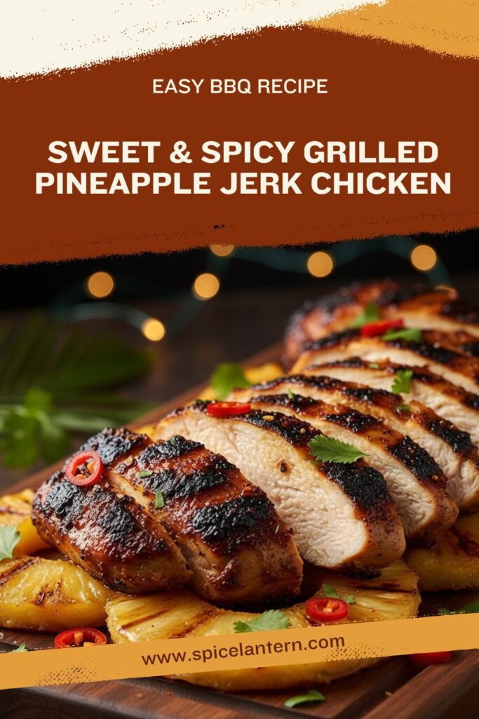 Close-up of sliced, charred Pineapple Jerk Chicken served over grilled pineapple rings, with the text overlay: "PINEAPPLE JERK CHICKEN."
