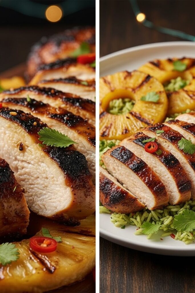 Macro view of two Pineapple Jerk Chicken variants: a close-up of the charred, glazed chicken and a full serving plate with rice and peas.