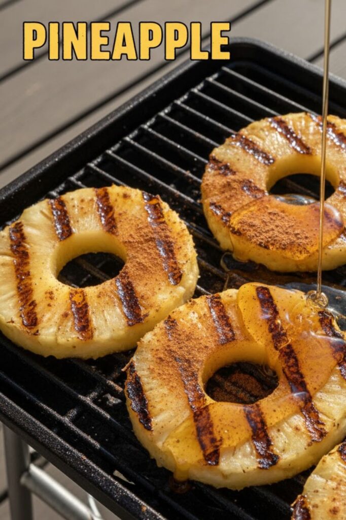 Grilled pineapple rings with honey and cinnamon on a grate with text overlay 'PINEAPPLE'.