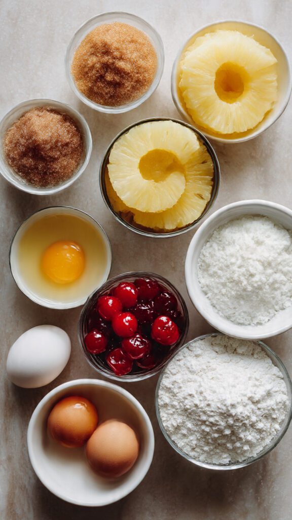 A high-quality collage image showing all the simple ingredients: pineapple rings, brown sugar, butter, cherries, flour, and eggs, artistically arranged on a kitchen counter.