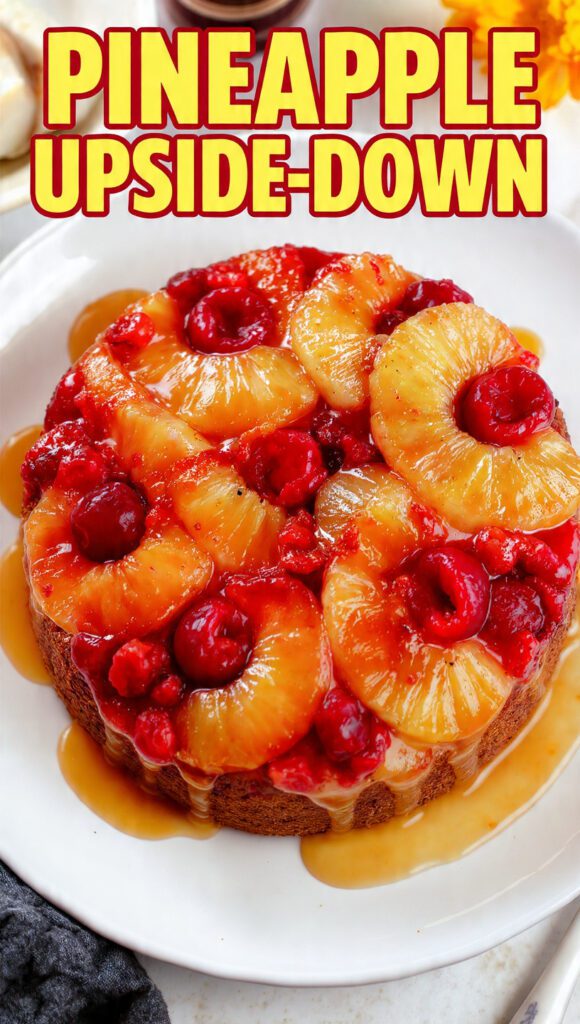 A close-up, vibrant overhead photo of a perfectly baked and flipped pineapple upside-down cake, showing the caramelized rings and cherries, featuring the bold text overlay: PINEAPPLE UPSIDE-DOWN.