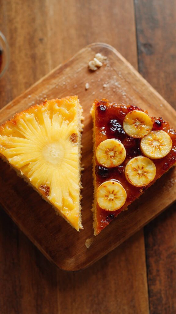 A side-by-side photograph showing two different cake preparations: one classic pineapple upside-down slice and one slice of the banana brown sugar flip variant, highlighting the different fruit bases.
