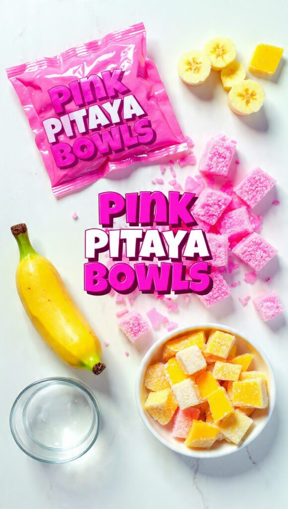 A high-quality collage image showing all the simple ingredients: frozen pink pitaya packet, frozen banana, frozen mango, and a splash of coconut water, artistically arranged on a kitchen counter.