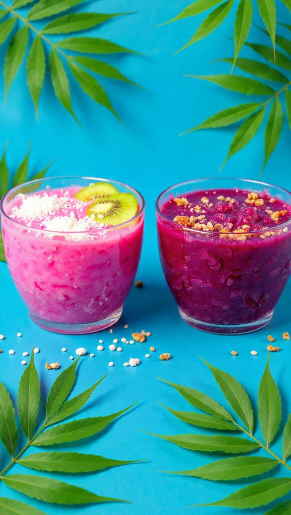 A side-by-side photograph showing two different pitaya bowls: one classic pink pitaya bowl with fruit toppings, and one darker, purple berry pitaya bowl, highlighting the customization.