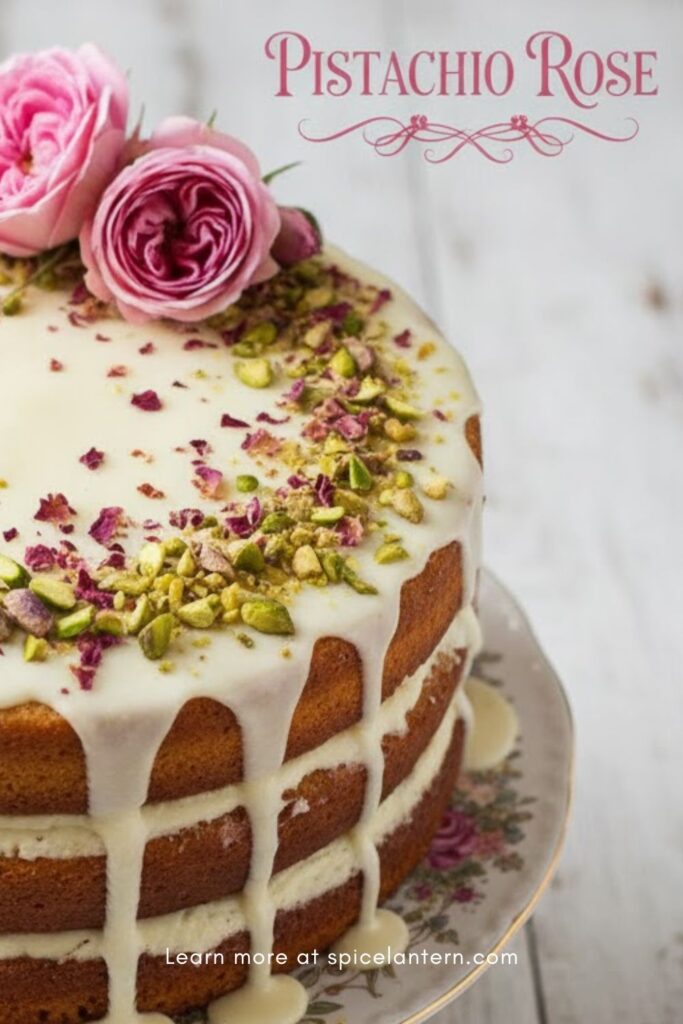 Elegant pistachio rose cake on a stand with pink rose glaze and text overlay 'PISTACHIO ROSE'.