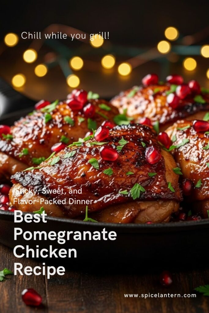 Text overlay for blog title 'Pomegranate Chicken' centered on a close-up image of sticky glazed chicken garnished with arils.