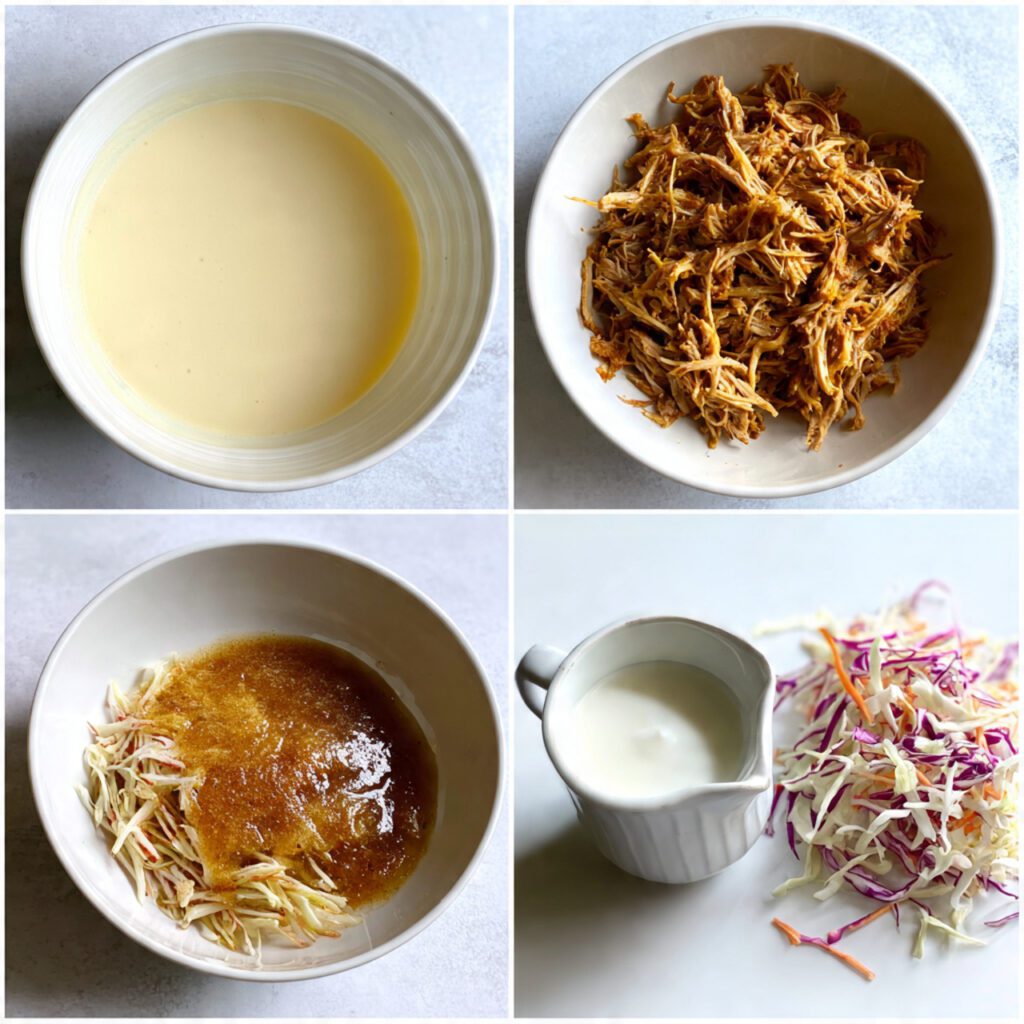 A collage showing the essential ingredients: a bowl of pancake batter, a bowl of shredded pulled pork mixed with BBQ sauce, a cup of buttermilk, and a small pile of shredded cabbage slaw.