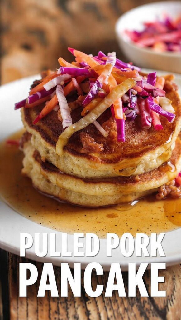A stack of three thick, golden-brown Pulled Pork Pancakes showing the shredded, saucy pork peeking out, topped with a bright green coleslaw and dripping maple syrup. The text overlay reads: "PULLED PORK PANCAKE".