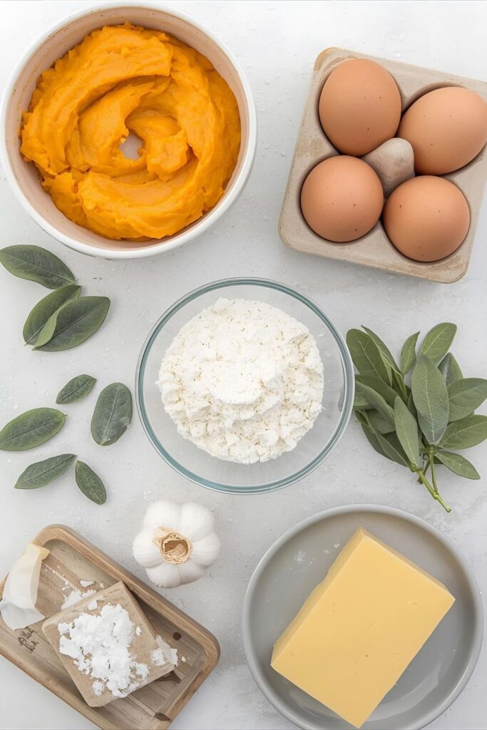 An overhead, aesthetically arranged flat lay collage showing all the raw ingredients for the recipe: a bowl of pumpkin pur&eacute;e, a scattering of flour, eggs, fresh sage leaves, a block of Parmesan, a shallot, and garlic.
