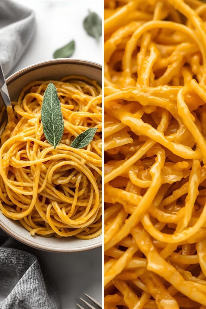 A split-image or two-panel photo. The left side shows a wide shot of a full ceramic bowl of pumpkin noodles with sage and a fork, and the right side is an extreme close-up shot of the noodle texture coated in the creamy orange sauce.