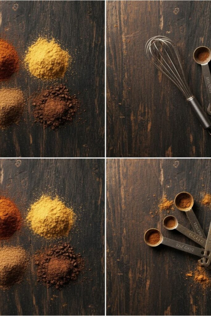 A flat-lay collage featuring small piles of the individual ground spices: cinnamon, ginger, nutmeg, allspice, and cloves, with a mini whisk and measuring spoons, all arranged on a rustic wooden background.