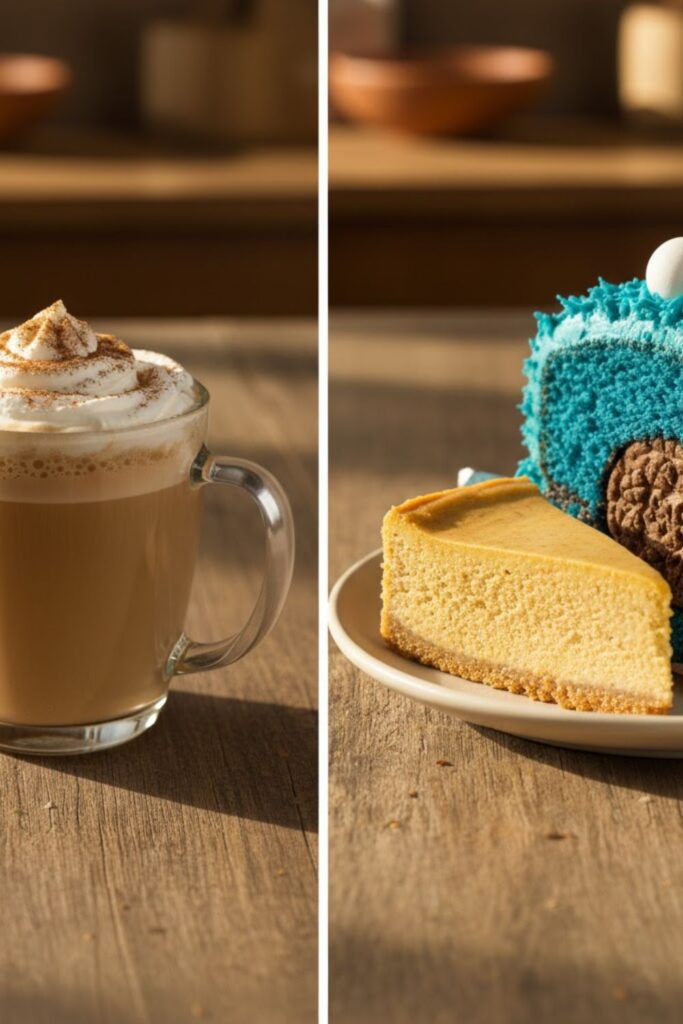 A side-by-side image: On the left, a latte topped with whipped cream and a dusting of the Pumpkin spice mix. On the right, a close-up of a slice of pumpkin spice cheesecake or cookie, placed next to a slice of vibrant blue cookie monster cake.