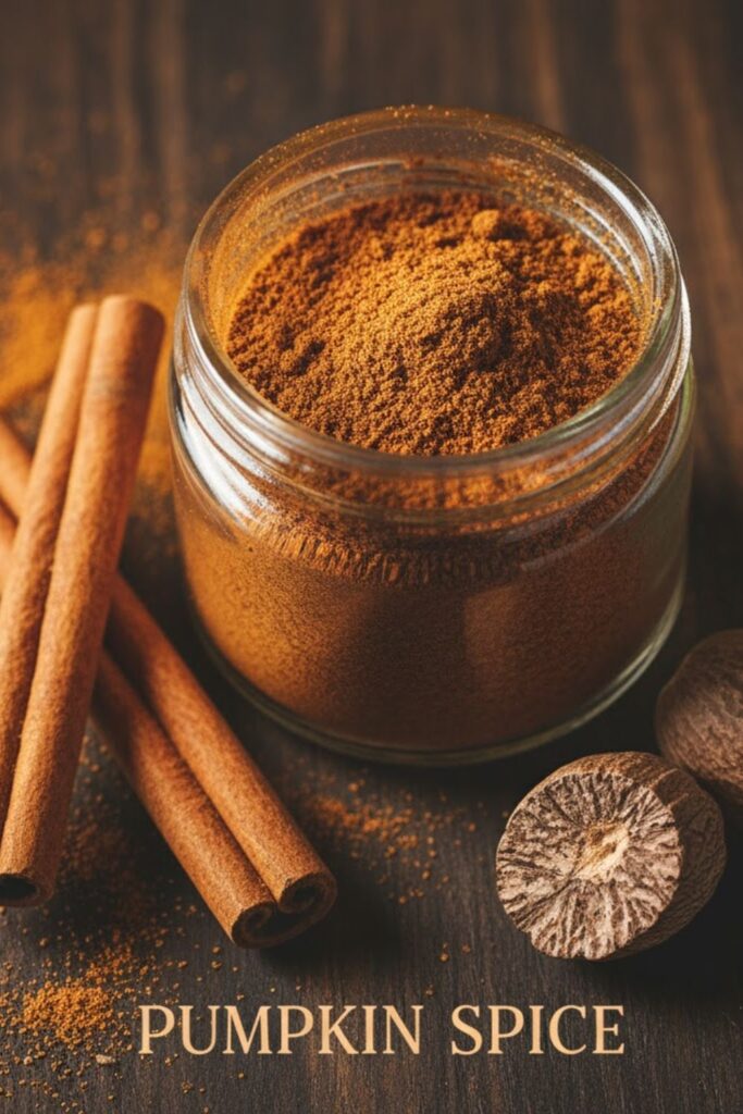 A close-up, top-down shot of a small jar or glass container filled with the rich, reddish-brown homemade Pumpkin spice blend, with a small spoon resting inside, next to a scattering of whole cinnamon sticks and star anise. The text overlay reads: PUMPKIN SPICE