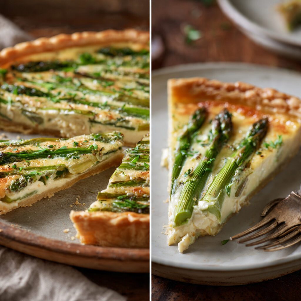 Two variations of the tart. One is a wide shot of the whole tart on a platter, and the other is an extreme close-up of a single slice, showing the flaky layers of the puff pastry, the creamy filling, and the tender-crisp texture of the asparagus tips.