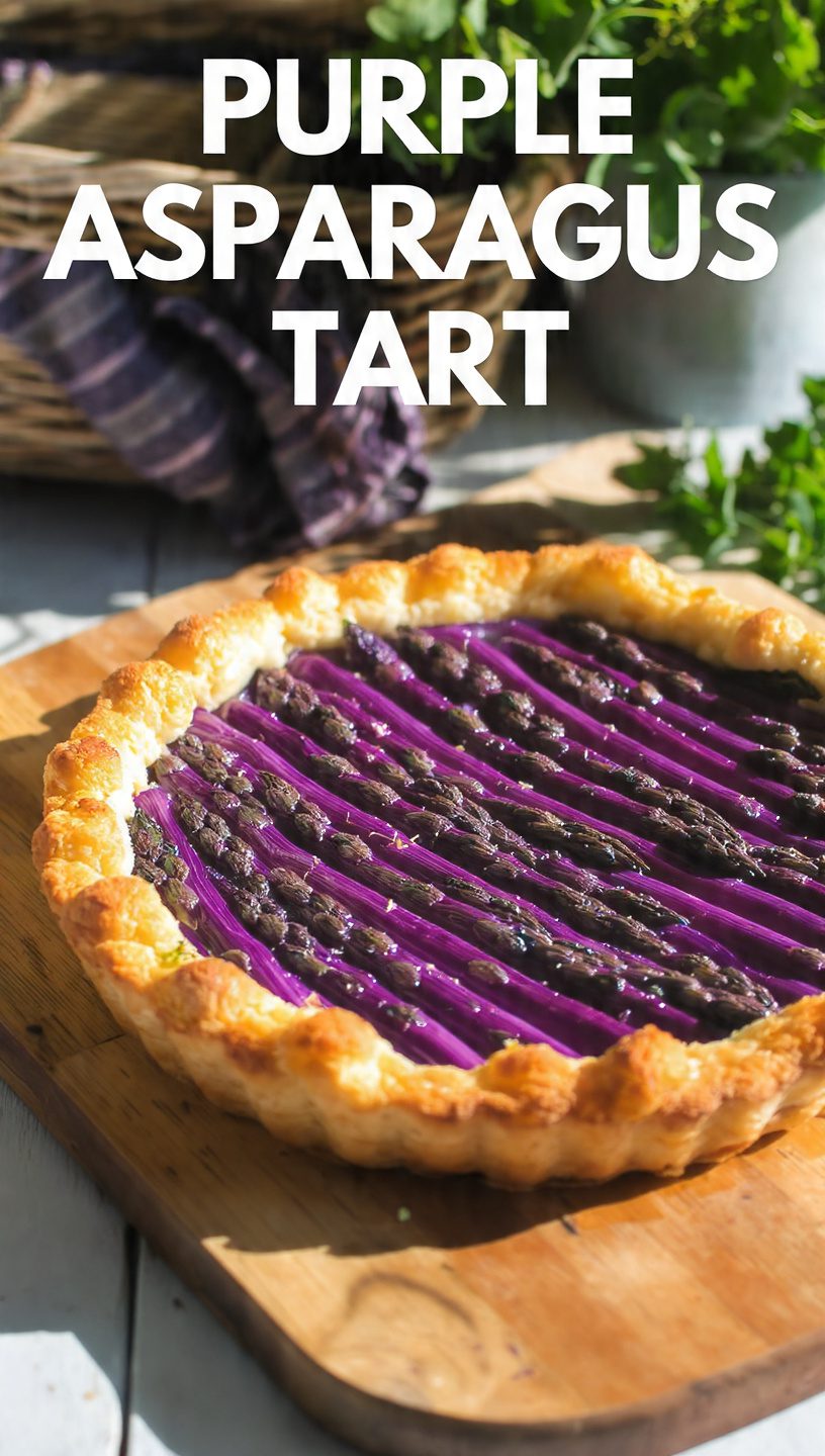 Overhead close-up of a baked Purple Asparagus Tart, showing the bright purple stalks arranged neatly on a creamy ricotta filling and the golden, puffed pastry border. The text overlay reads: "PURPLE ASPARAGUS TART"