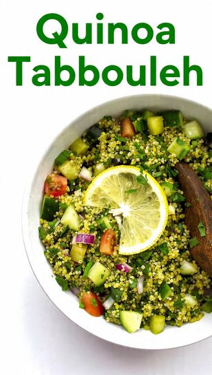A vibrant, close-up overhead shot of a bowl of Quinoa Tabbouleh with fresh herbs and diced tomatoes, featuring the title text overlay.