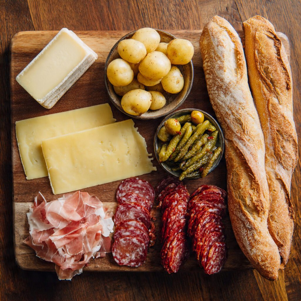 A flat lay collage showing the spread: a chunk of Raclette cheese, small boiled potatoes, a pile of cornichons, cured meats (prosciutto and salami), and slices of crusty baguette.