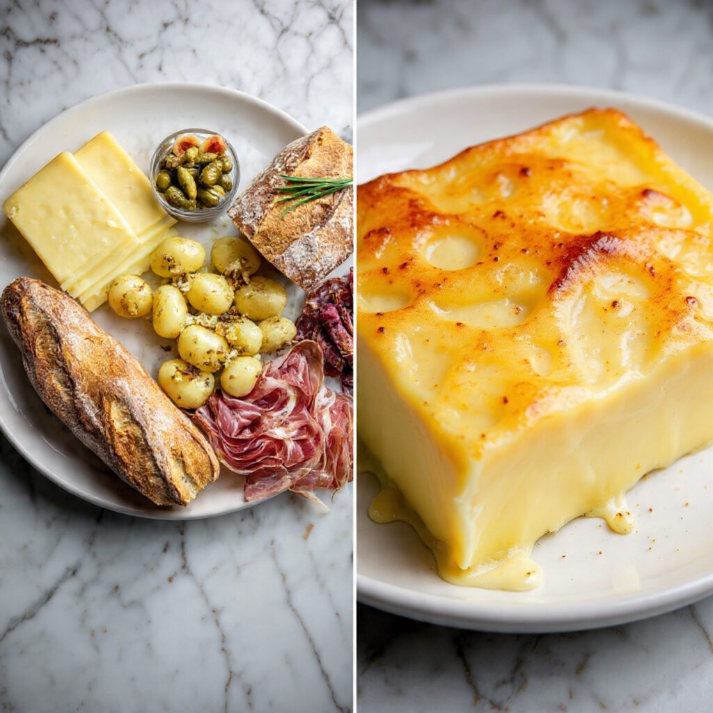 Two servings of Raclette: one is a wide shot of a plate fully covered in molten Raclette cheese with potatoes and pickles, and the other is an extreme close-up of the melted cheese texture and the caramelized rind.