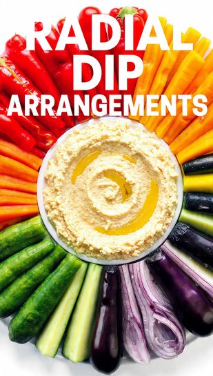 A top-down view of a colorful veggie platter arranged radially with hummus in the center, featuring text overlay "RADIAL DIP ARRANGEMENTS".