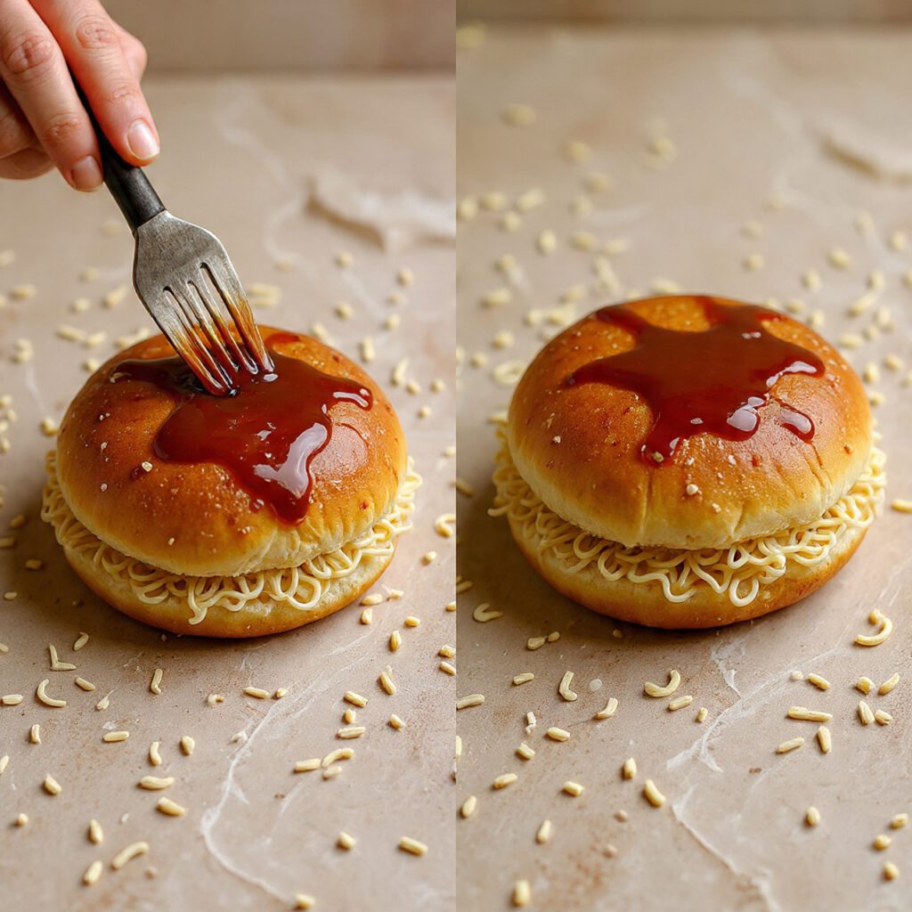 A diptych showcasing two key stages: one side shows a golden-brown ramen bun being brushed with shiny teriyaki glaze, and the other is a close-up of a finished burger showing the crispy texture of the noodle bun.