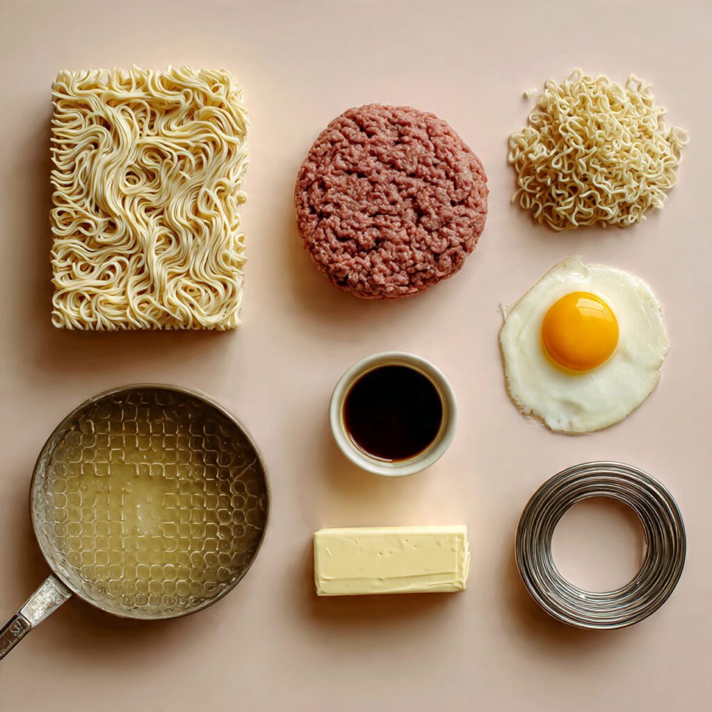 A collage showing the raw ingredients: uncooked ramen noodles, raw ground beef patty, egg, soy sauce, and a round metal mold used to shape the noodle buns, arranged on a kitchen counter.