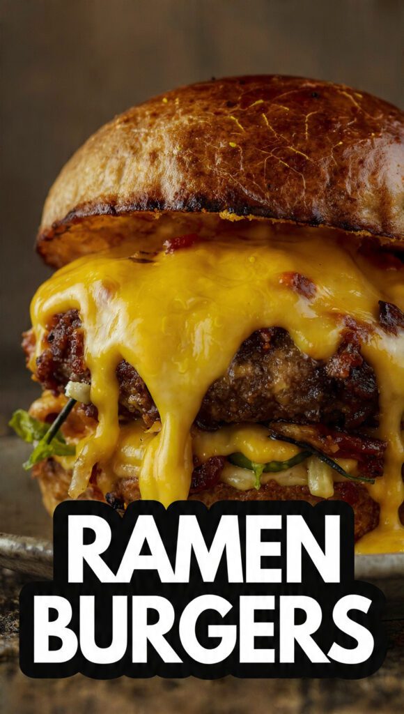 A dramatic, close-up photo of a tall, glossy Ramen Burger with a thick beef patty, melted cheese, and teriyaki sauce dripping down the crispy noodle bun. Text overlay: RAMEN BURGERS.