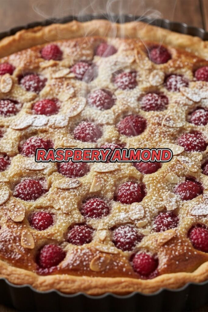A close-up, vibrant overhead photo of a baked raspberry almond frangipane tart dusted with powdered sugar and showing the cross-section of the filling, featuring the bold text overlay: RASPBERRY ALMOND.