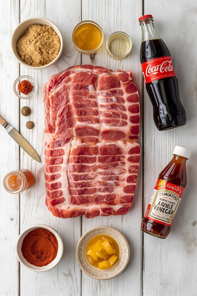 Overhead flat lay collage of all ingredients for Coca-Cola Ribs: raw rack of ribs, can of Coca-Cola, ketchup, spices, and apple cider vinegar.)