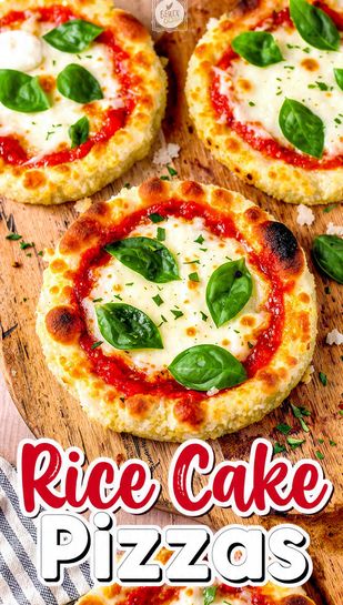 A flat-lay image of several bubbly, golden Rice Cake Pizzas with melted cheese and pepperoni, featuring a text overlay title.