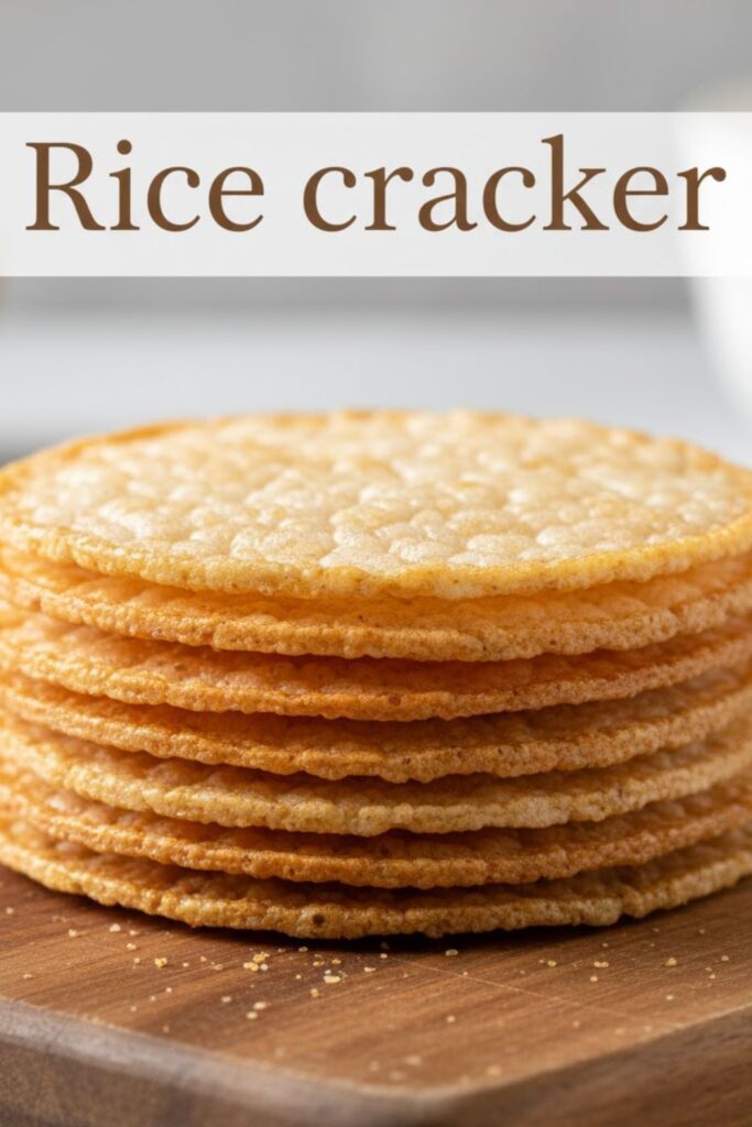 Stack of perfectly golden-brown, thin, crispy homemade Rice crackers on a rustic wooden board. Text overlay reads: Rice cracker.