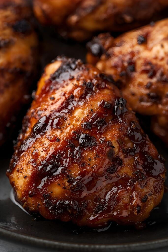 Close-up of grilled chicken thighs with a caramelized, tea-infused crust.