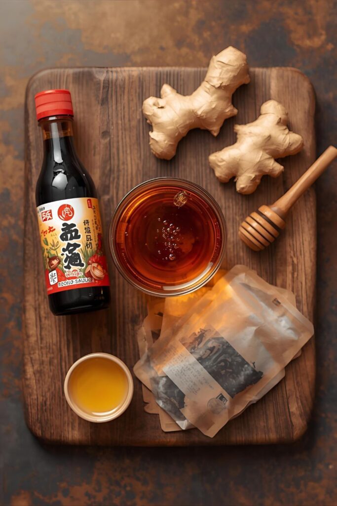Flat lay collage of all ingredients: brewed tea, soy sauce, ginger, garlic, honey, and rooibos tea bags.