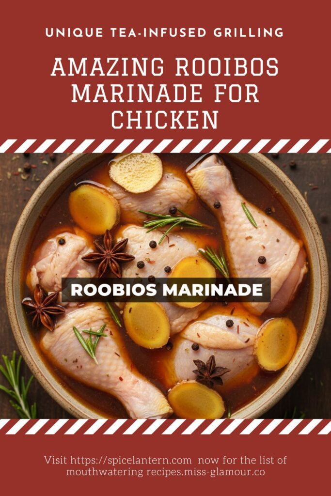 Close-up of chicken marinating in a tea-colored liquid with a bold text overlay.