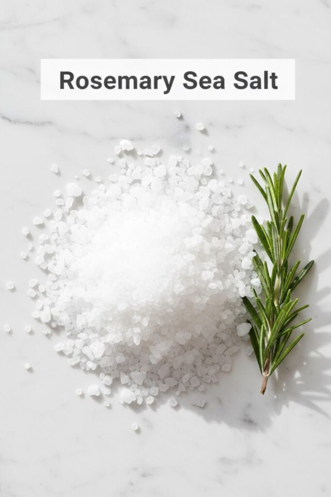 Highly textured white background with vibrant green rosemary sprigs and coarse sea salt.