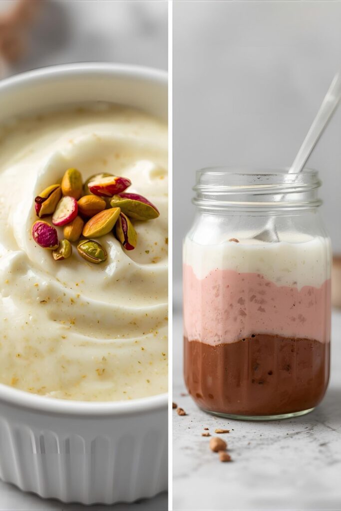 Two separate, styled images: one close-up of the classic rosewater pudding, and one shot of a layered chocolate rosewater pudding variant.