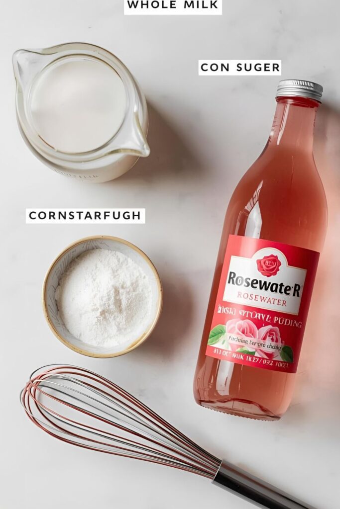 Collage of all simple ingredients for rosewater pudding: milk, cornstarch, sugar, and a bottle of rosewater.
