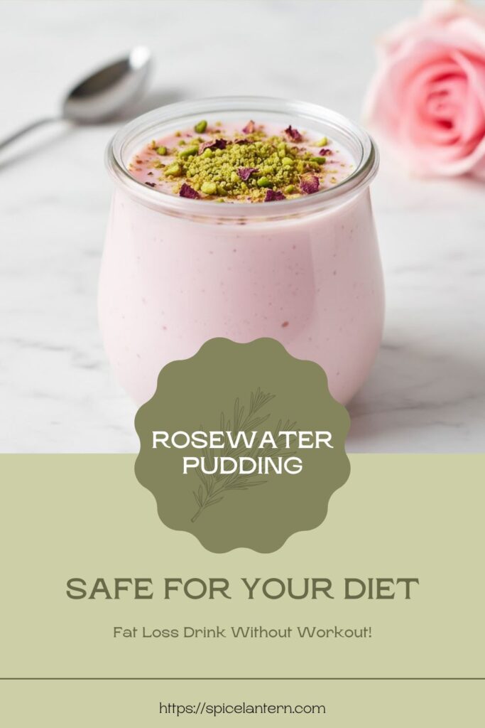 "ROSEWATER PUDDING" text overlay on a chilled serving of pudding garnished with pistachios.